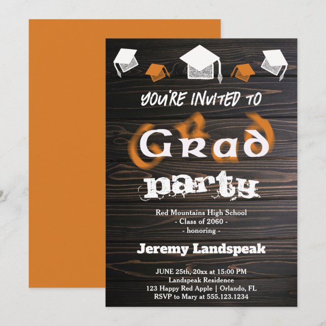 Invitación Naranja Brown Blurry Text Graduation House Fiesta (Anverso / Reverso)