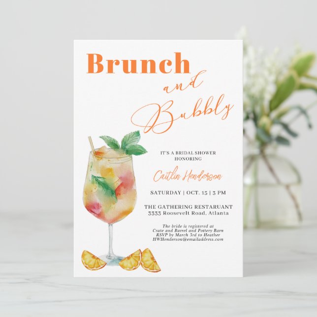 Invitación Naranja Brunch y Bubbly Champagne Bridal Shower (Anverso de pie)