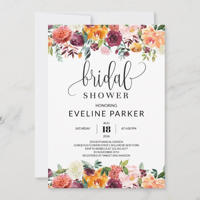 Invitación Naranja burdeos ruidosos  Floral Bridal Shower (Anverso)