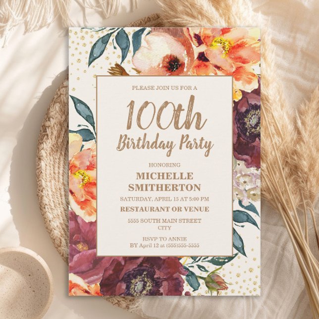 Invitación Naranja Burgundy Fall Floral Gold Purpurina 100 (Orange and burgundy watercolor floral 100th birthday party invitation)