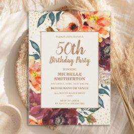 Invitación Naranja Burgundy Fall Floral Gold Purpurina 50