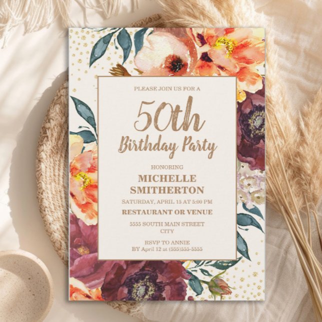 Invitación Naranja Burgundy Fall Floral Gold Purpurina 50 (Orange and burgundy floral 50th birthday party invitation)