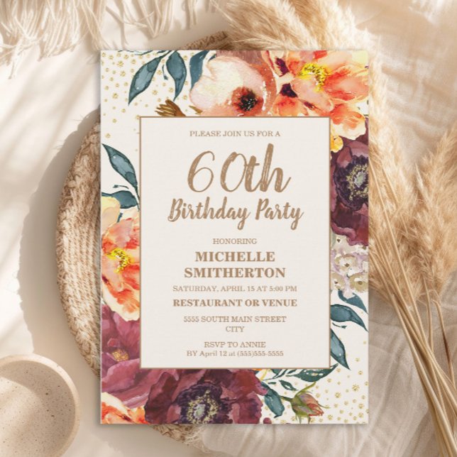 Invitación Naranja Burgundy Fall Floral Gold Purpurina 60 (Orange and burgundy watercolor floral 60th birthday party invitation)