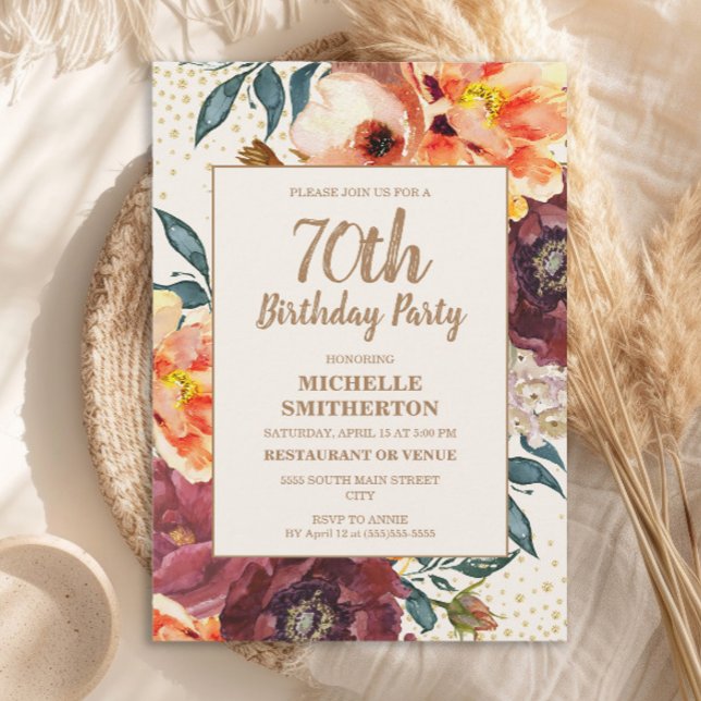 Invitación Naranja Burgundy Fall Floral Gold Purpurina 70 (Orange and burgundy watercolor floral 70th birthday party invitation)
