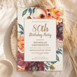 Invitación Naranja Burgundy Fall Floral Gold Purpurina 80