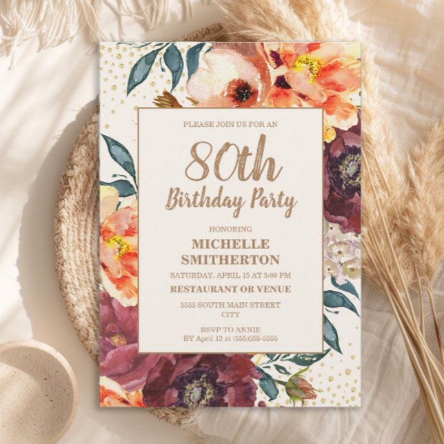 Invitación Naranja Burgundy Fall Floral Gold Purpurina 80 (Orange and burgundy watercolor floral 80th birthday party invitation)