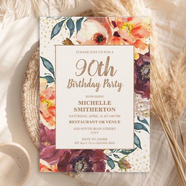 Invitación Naranja Burgundy Fall Floral Gold Purpurina 90 (Orange and burgundy watercolor floral 90th birthday party invitation)