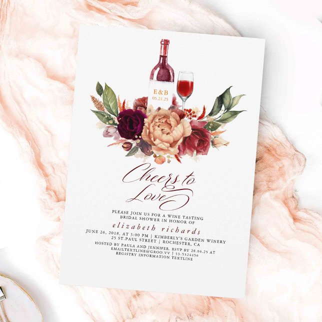 Invitación Naranja Burgundy Floral Wine Tasting Bridal Shower (Terracotta Floral Fall Wine Tasting Bridal Shower Invitations - Cheers to Love)