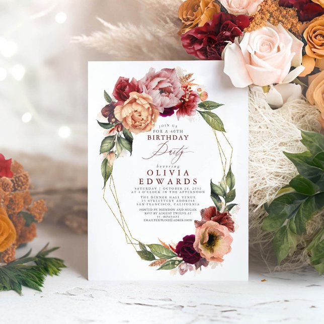 Invitación Naranja Burgundy Red Floral Fall Fiesta de cumplea (Earthy Floral Birthday Invitations)