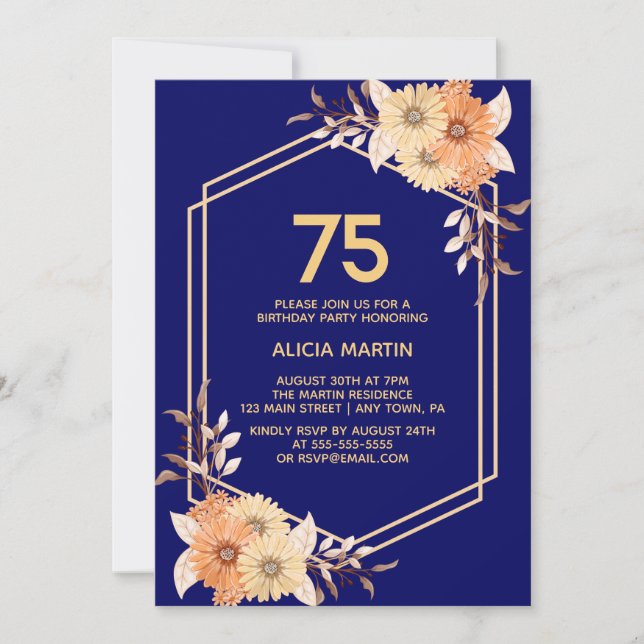 Invitación Naranja Caída Flor Oro Marina Adulto Azul Cumpleañ (Anverso)