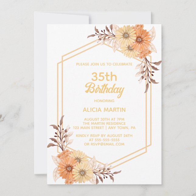 Invitación Naranja Caída Flor Oro Mujer Blanca Adulta (Anverso)