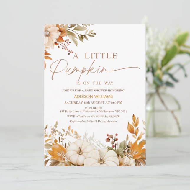 Invitación Naranja Caída Floral Pequeña Calabaza Baby Shower (Anverso de pie)