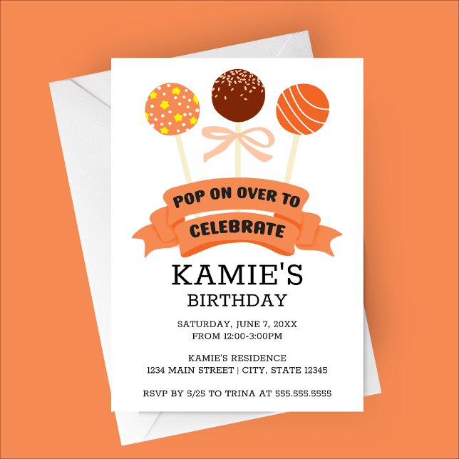 Invitación Naranja Cake Pops Fiesta de cumpleaños (Orange Cake Pops Birthday Party Invitation)