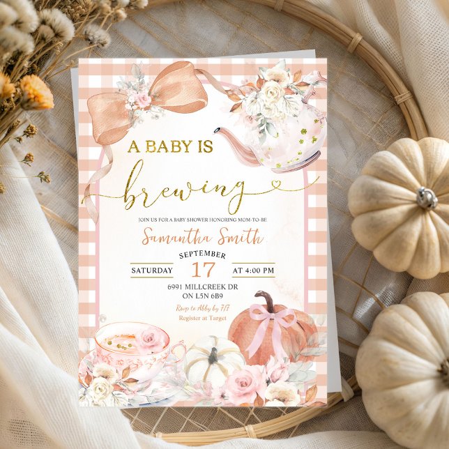 Invitación Naranja Calabaza bebé está preparando té Baby Show (Subido por el creador)