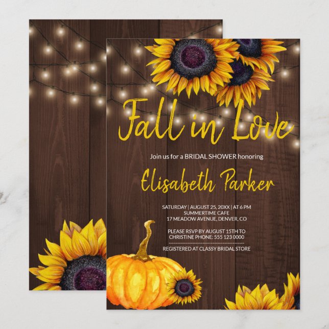 Invitación Naranja Calabaza girasoles Barn Wood Bridal Shower (Anverso / Reverso)