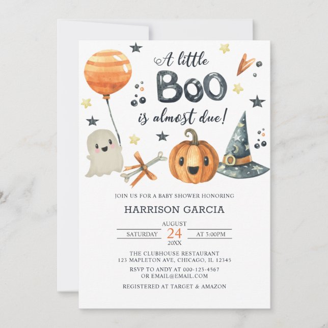 Invitación Naranja Calabaza Halloween Un Pequeño Bote Baby Sh (Anverso)