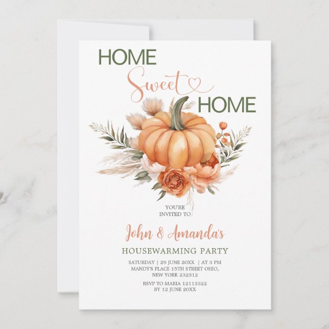 Invitación Naranja Calabaza Hogar Dulce Boho Fiesta Calentado (Anverso)
