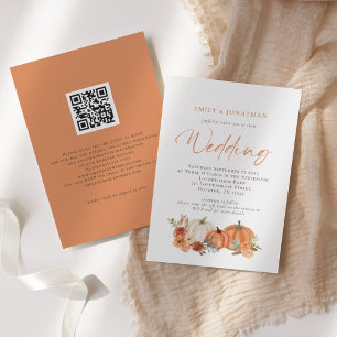 Invitación Naranja Calabazas Florales Otoño Código QR Boda In