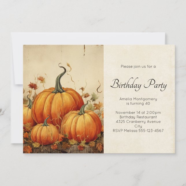 Invitación Naranja Calabazas Rústica Escena de Otoño Cumpleañ (Anverso)
