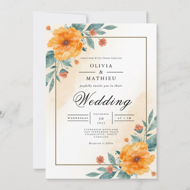 Invitación Naranja cálido Boda de arco floral (Anverso)