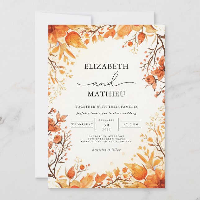 Invitación Naranja cálido Boda de otoño bucal (Anverso)