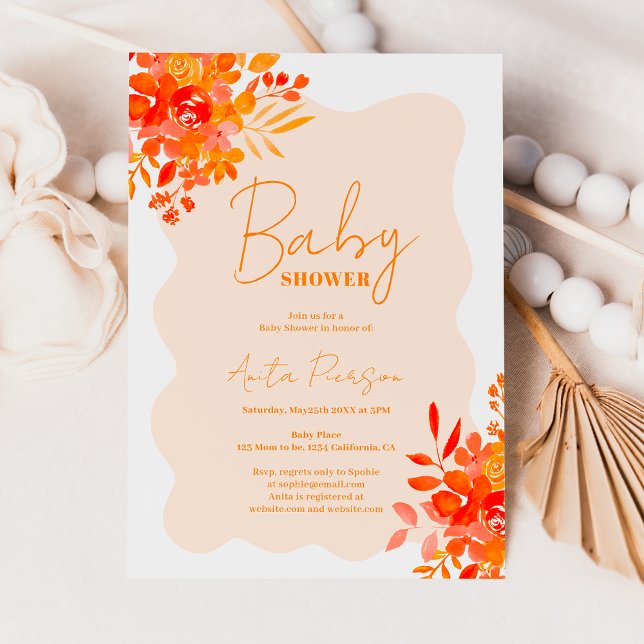 Invitación Naranja caliente marco ondulado boho ducha de bebé (Hot orange wavy frame boho floral baby shower invitation)