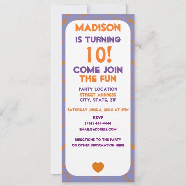 Invitación Naranja cardíaco cuadrado púrpura círculos puntos  (Anverso)