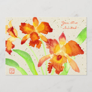 Invitación Naranja Cattleya Orchids Pintado de color de agua