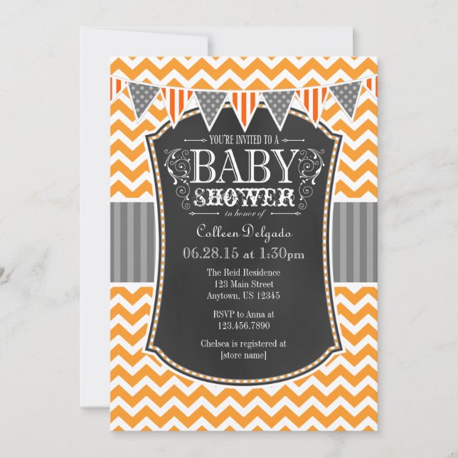 Invitación Naranja Chalkboard Chevron Baby Shower Invitado (Anverso)