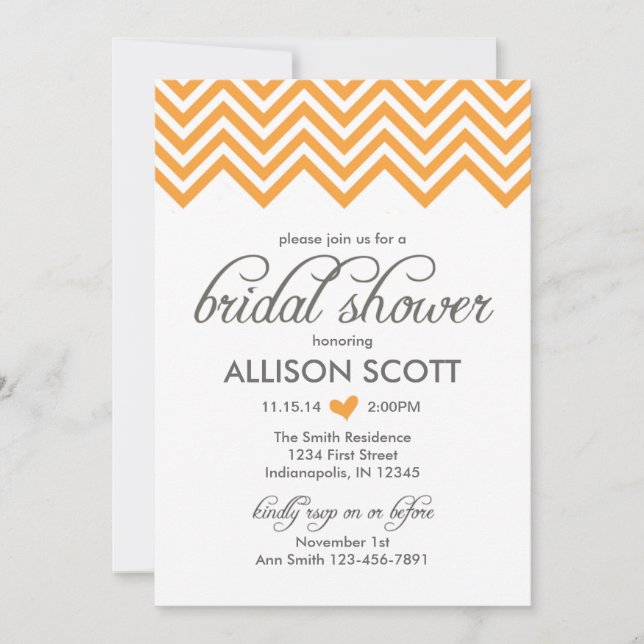 Invitación Naranja Chevron Bridal Shower (Anverso)