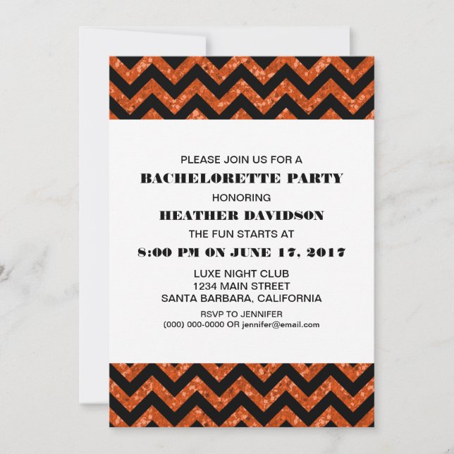 Invitación Naranja Chevron Purpurina Bachelorette Party (Anverso)