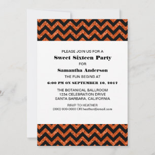 Invitación Naranja Chevron Purpurina Sweet 16 Fiesta Invite