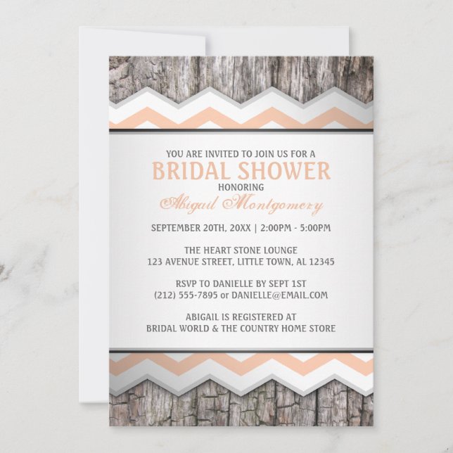 Invitación Naranja Chevron & Wood Rustic Bridal Shower (Anverso)