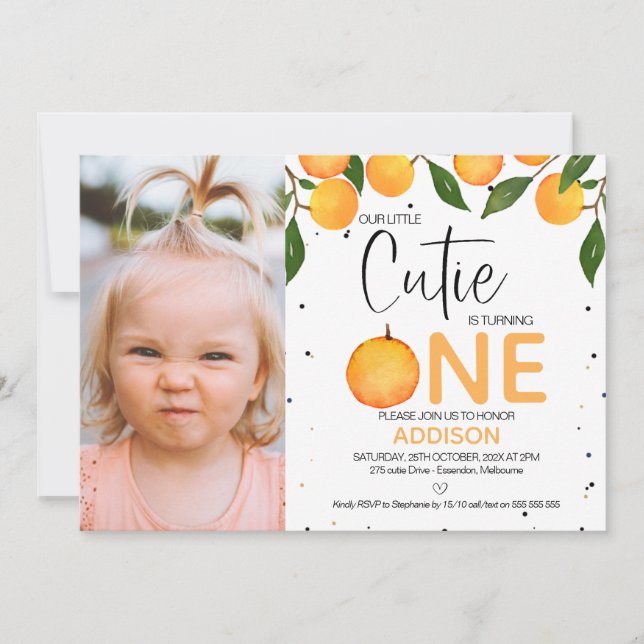 Invitación Naranja chica Foto Pequeña Cutie Primer Cumpleaños (Anverso)