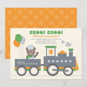 Invitación Naranja Choo Choo Conductor de Osos Cumpleaños