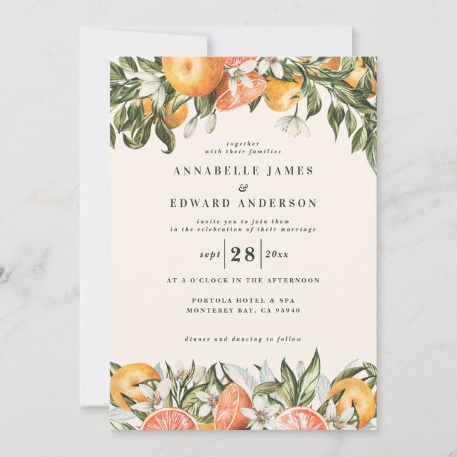 Invitación Naranja cítrico acuarela boda botánico moderno (Anverso)