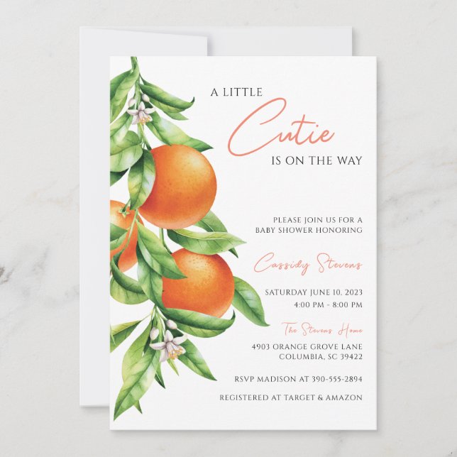 Invitación Naranja Citrus Cutie en el camino a Baby Shower (Anverso)