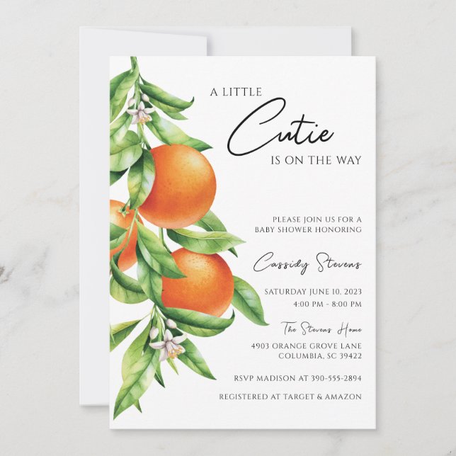 Invitación Naranja Citrus Cutie en el camino a Baby Shower (Anverso)