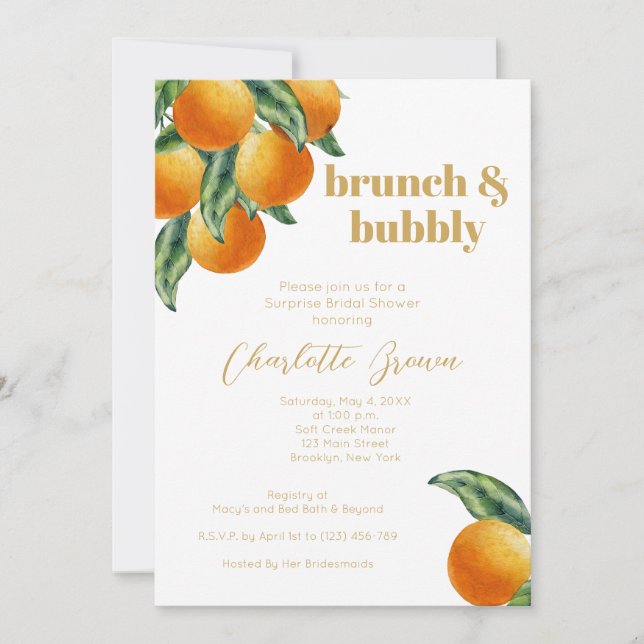 Invitación Naranja Citrus Fruit Bridal Shower Brunch Bubbly (Anverso)