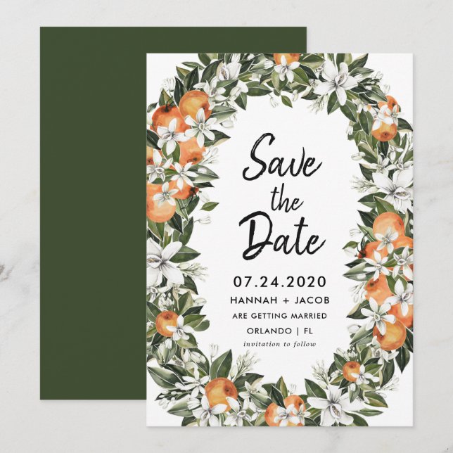 Invitación Naranja Citrus Greenery Salvar Las Cartas De Fecha (Anverso / Reverso)