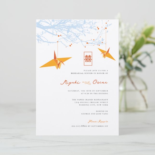 Invitación Naranja colgante Origami Cranes y Boda de citas de (Anverso de pie)