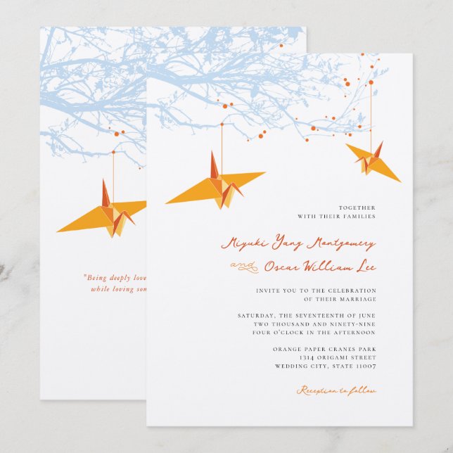 Invitación Naranja colgante Origami Cranes y Boda de citas de (Anverso / Reverso)
