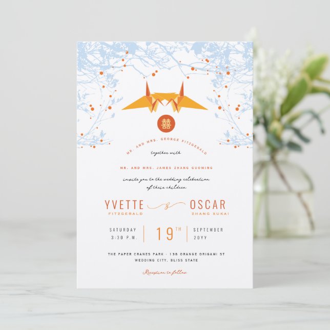 Invitación Naranja colgante Origami Cranes y Boda de citas de (Anverso de pie)