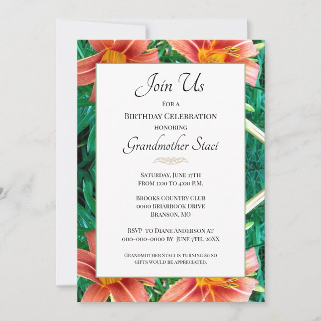 Invitación Naranja colorida Lilly Abuela Cumpleaños Floral (Anverso)