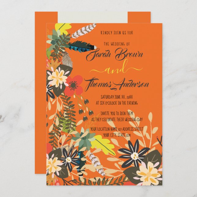 INVITACIÓN NARANJA COLORIDO BOHO FLORAL (Anverso / Reverso)