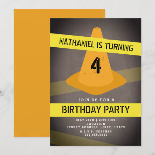 Invitación Naranja Cone Cautela Cinta Construcción Cumpleaños