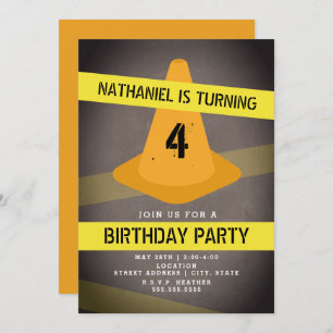 Invitación Naranja Cone Precaución Cinta Construcción Cumplea