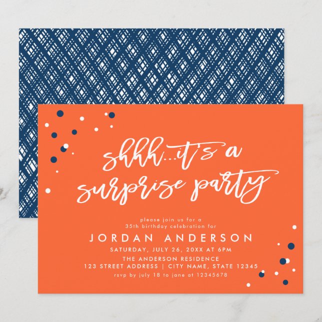 Invitación Naranja Confetti es un cumpleaños Fiesta sorpresa (Anverso / Reverso)