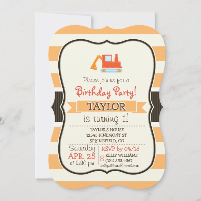 Invitación Naranja Construcción Juguete Backhoe (Anverso)