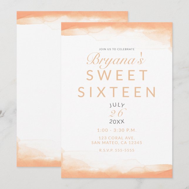 Invitación Naranja Coral acuarela Moda moderna dulce 16 (Anverso / Reverso)